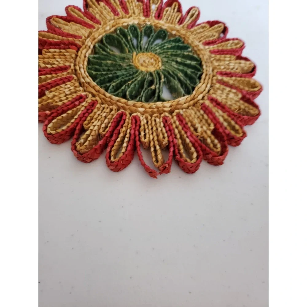 Vintage Woven Round Trivet  Rattan Wicker Straw Colorful BoHo